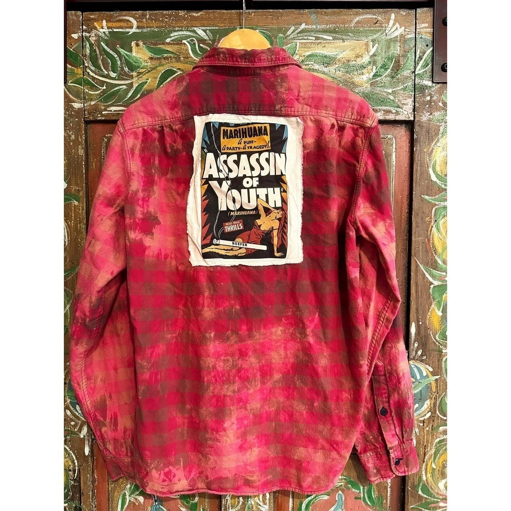 Distressed/ Reworked Flannel| Boho heritage| Vintage Weed Art Fashion| Large